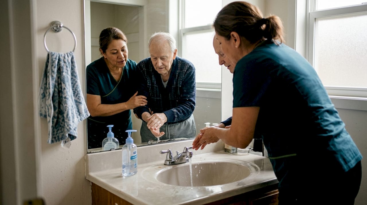Hospice aide assisting with personal care routine
