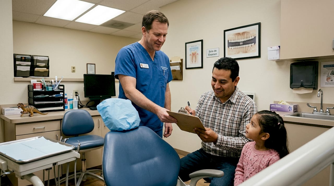 El dentista recibe al paciente con una sonrisa y le da la bienvenida a su primera revisión.
