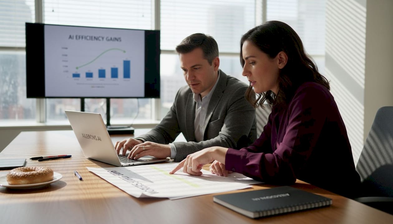 Employees reviewing AI-augmented workflow together