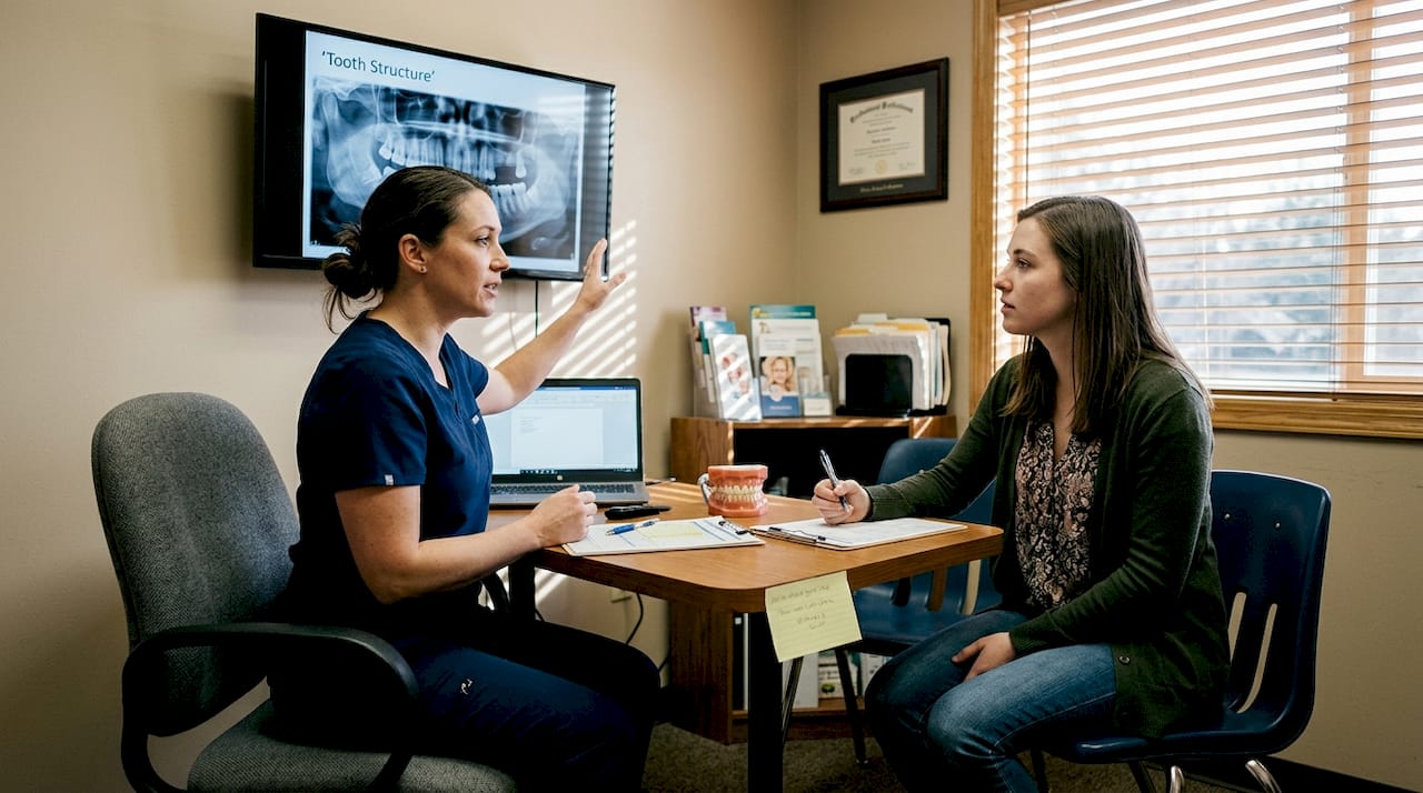 Dental hygienist explaining tooth structure x-ray