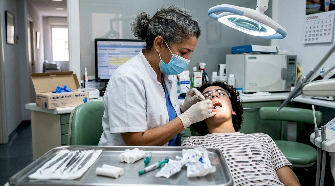 El dentista realiza un empaste durante la consulta