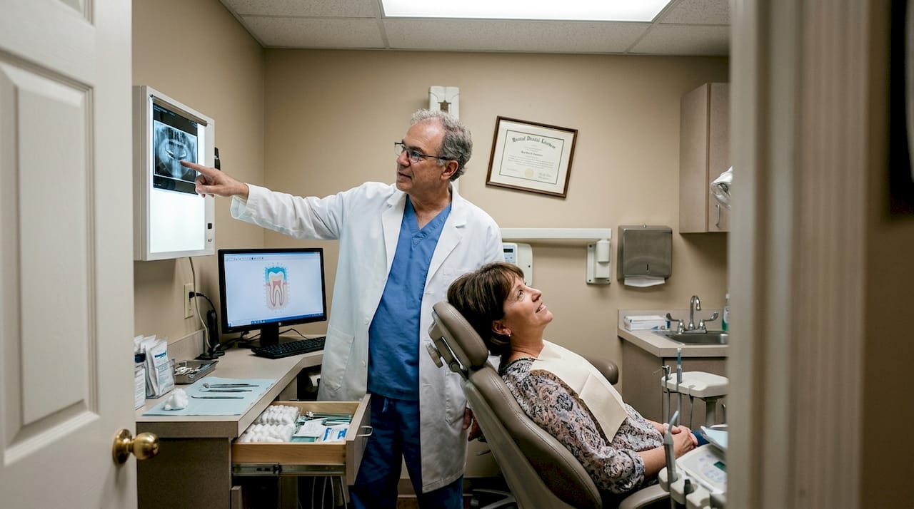 Dentist explaining patient dental x-ray