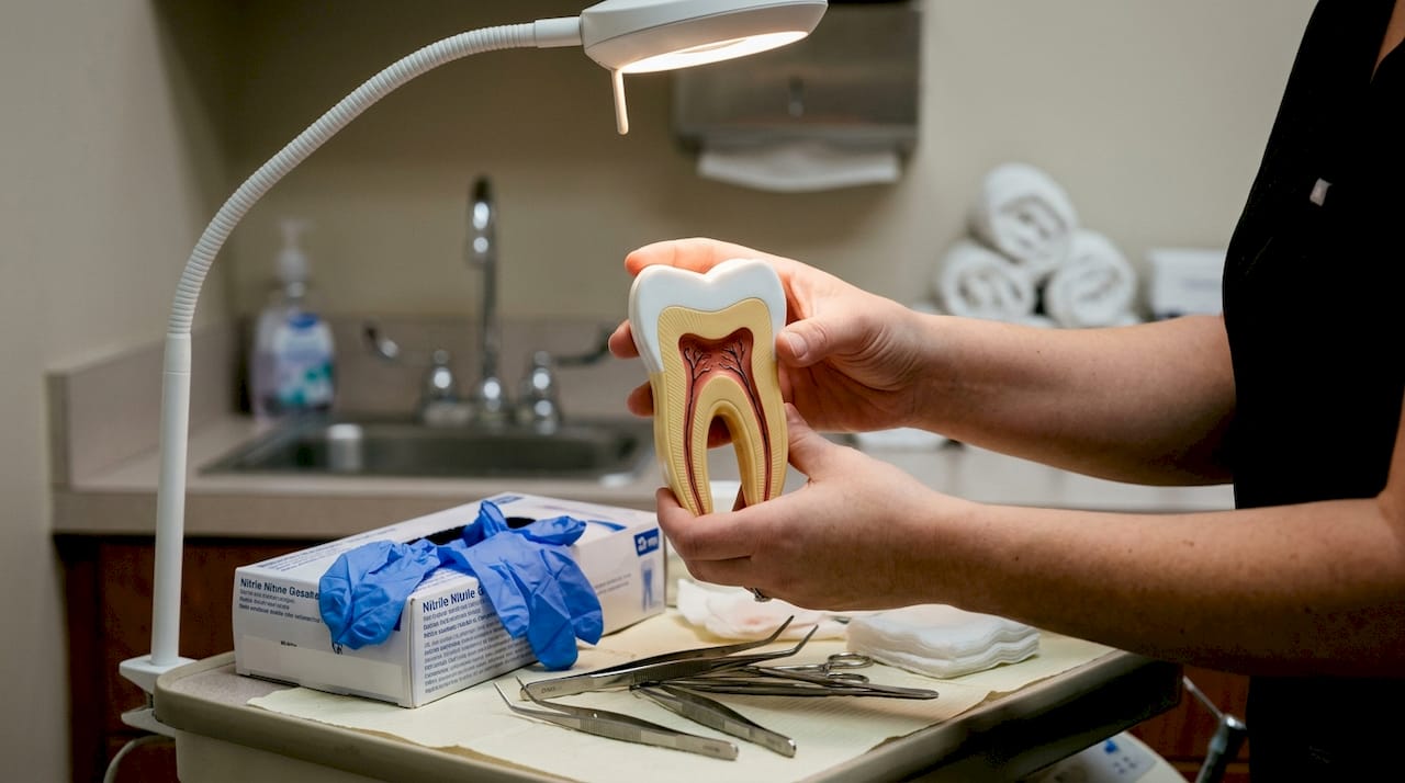 Representación anatómica donde se observa el nervio y la pulpa dental