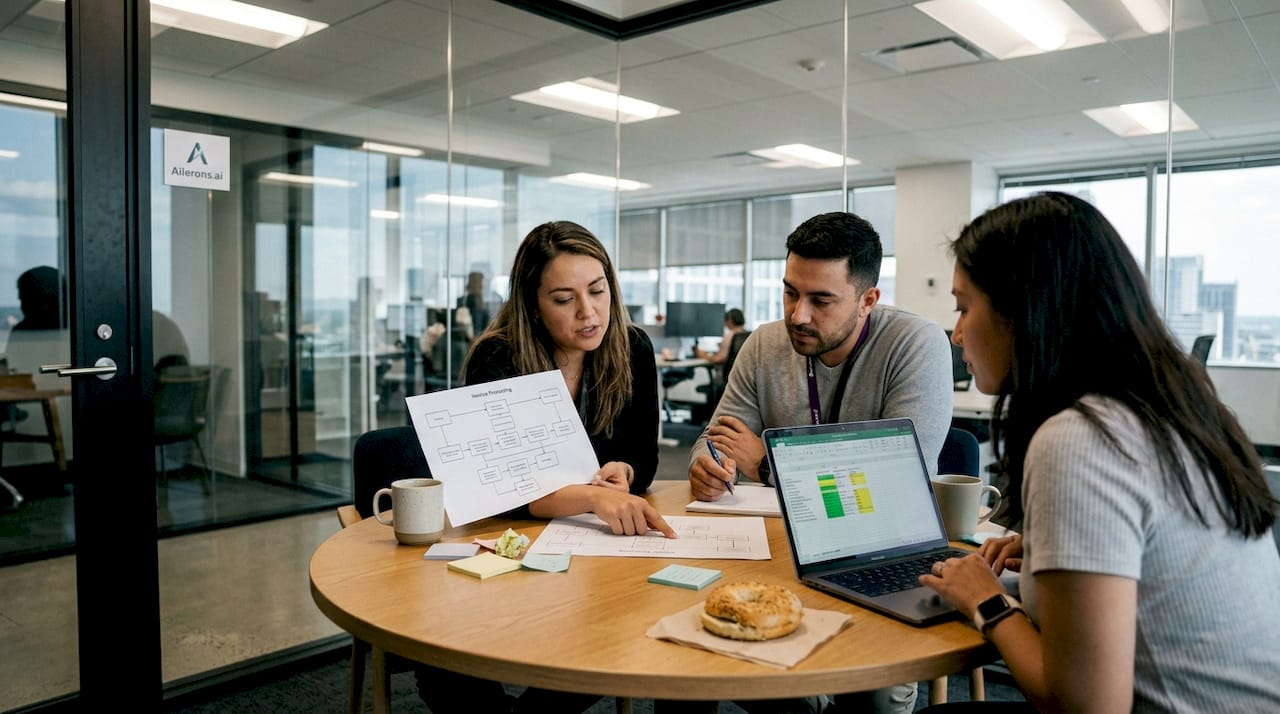 Coworkers reviewing office automation process