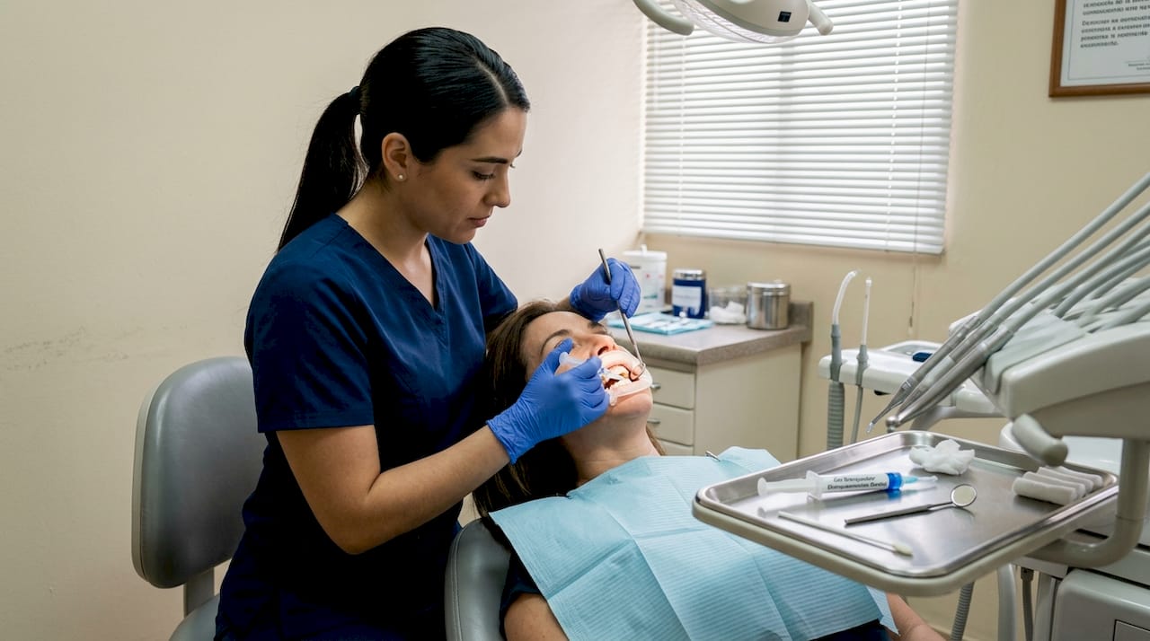 Higienista dental aplicando gel blanqueador en los dientes