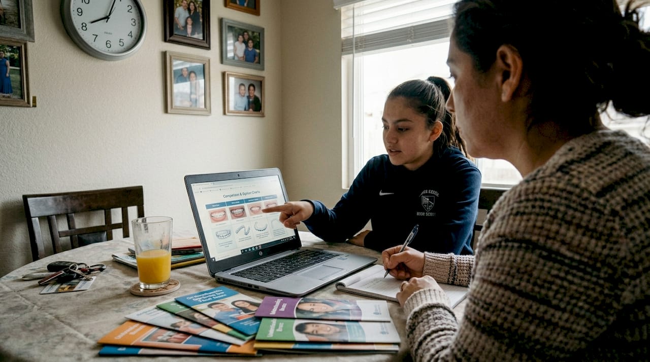 Mother and teen researching dental options