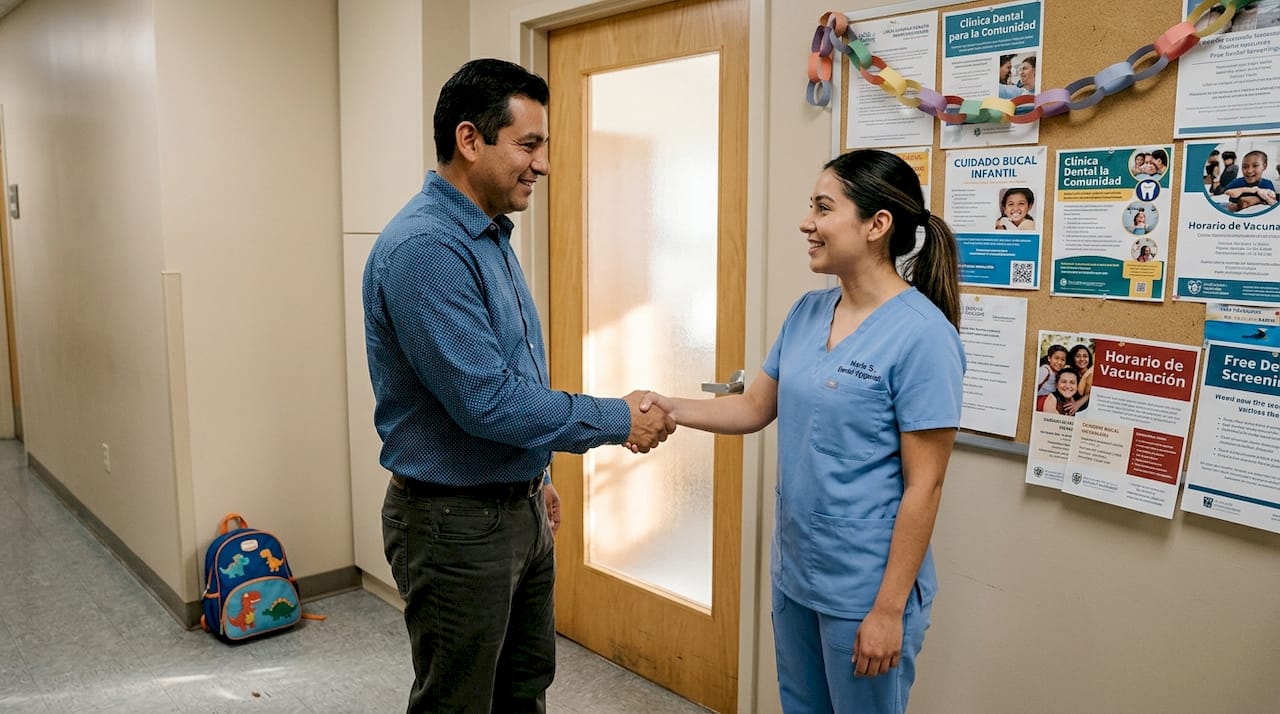 Hispanic patient thanks bilingual dental staff