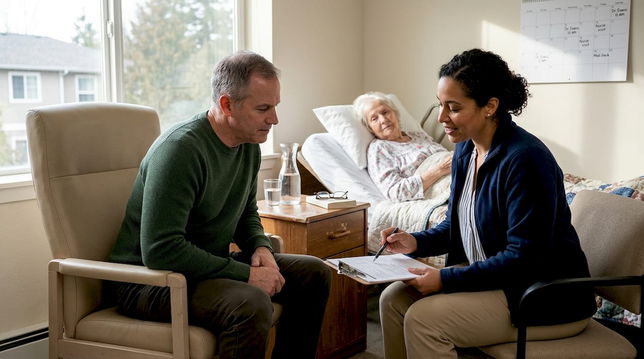 Family meeting in hospice room with bright window