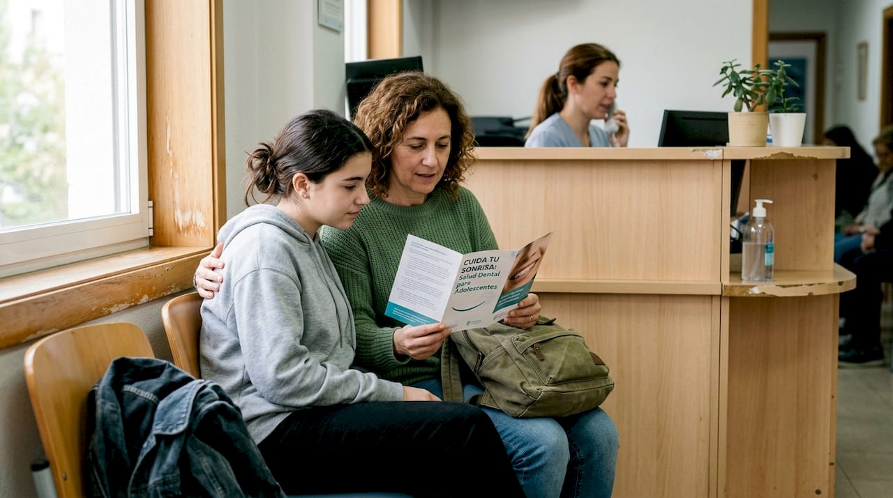 Una familia consulta información en una clínica dental donde atienden en español e inglés.