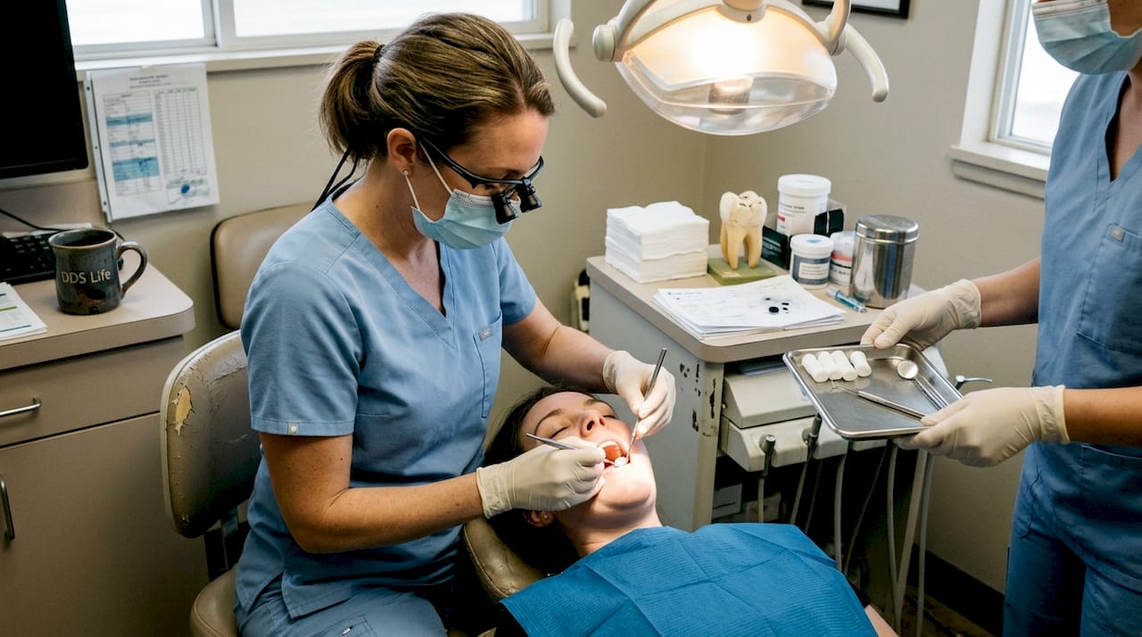 Dentist performing restorative dental procedure