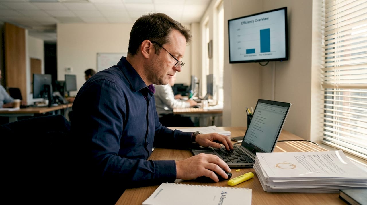 Manager checks task list after automation improvement
