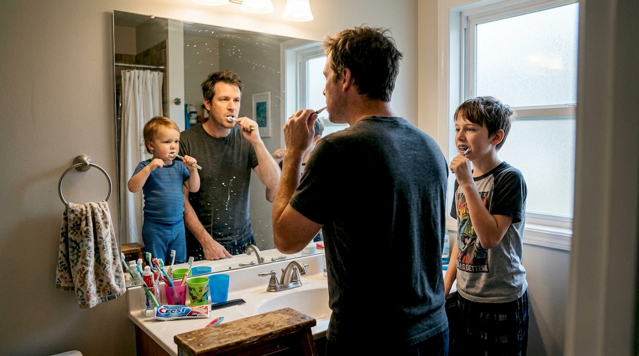 Family brushing teeth together in bathroom