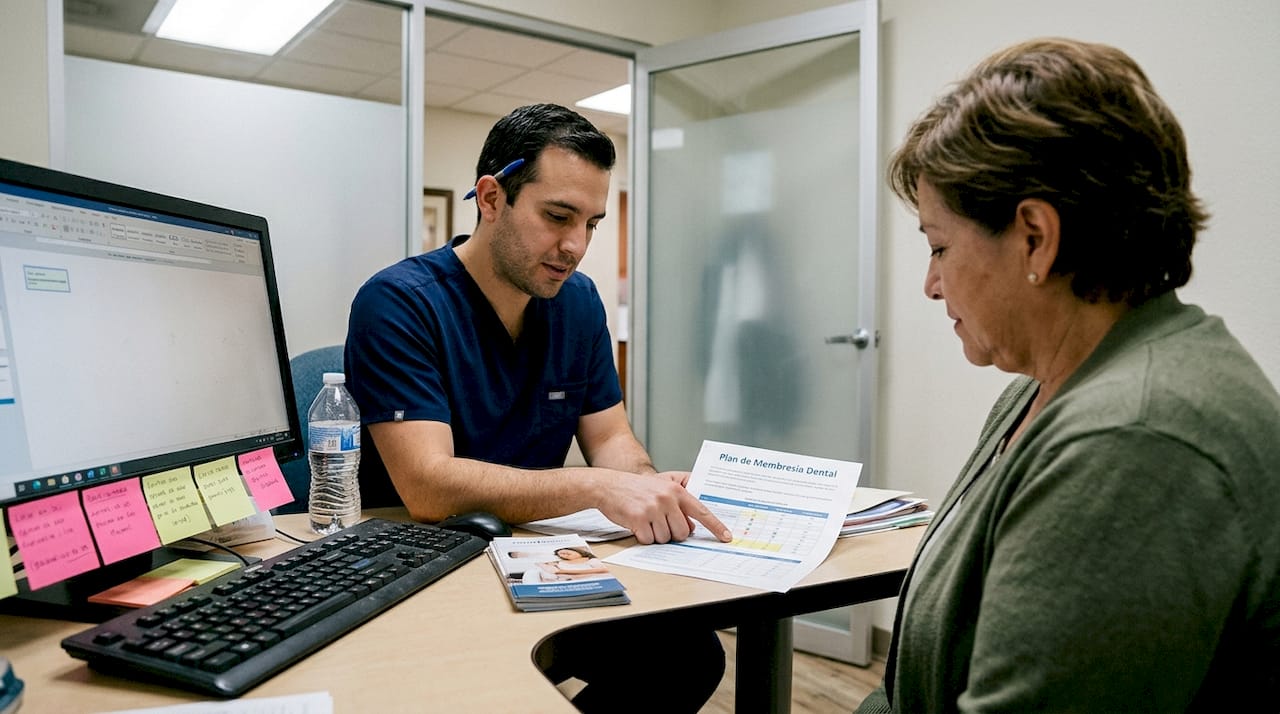 El dentista le explica al paciente los beneficios de unirse al plan de membresía de la clínica.