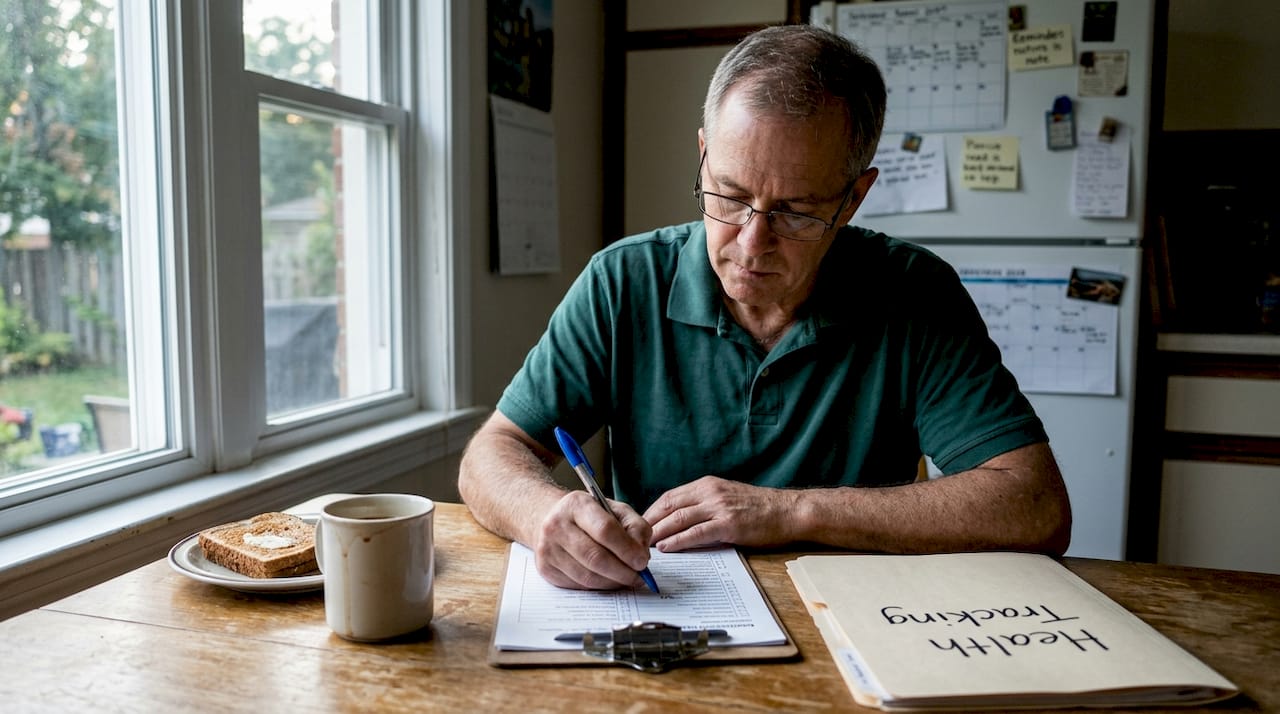 Caregiver completing home health checklist