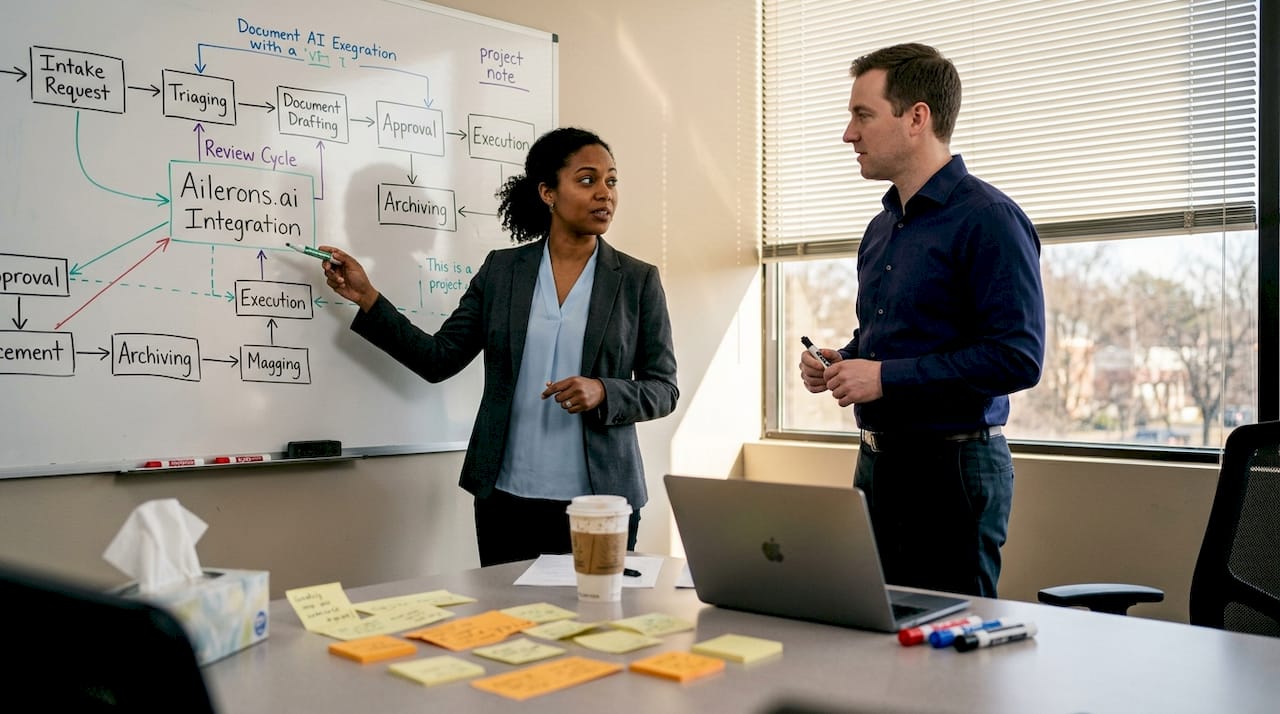 Legal ops team mapping processes at whiteboard