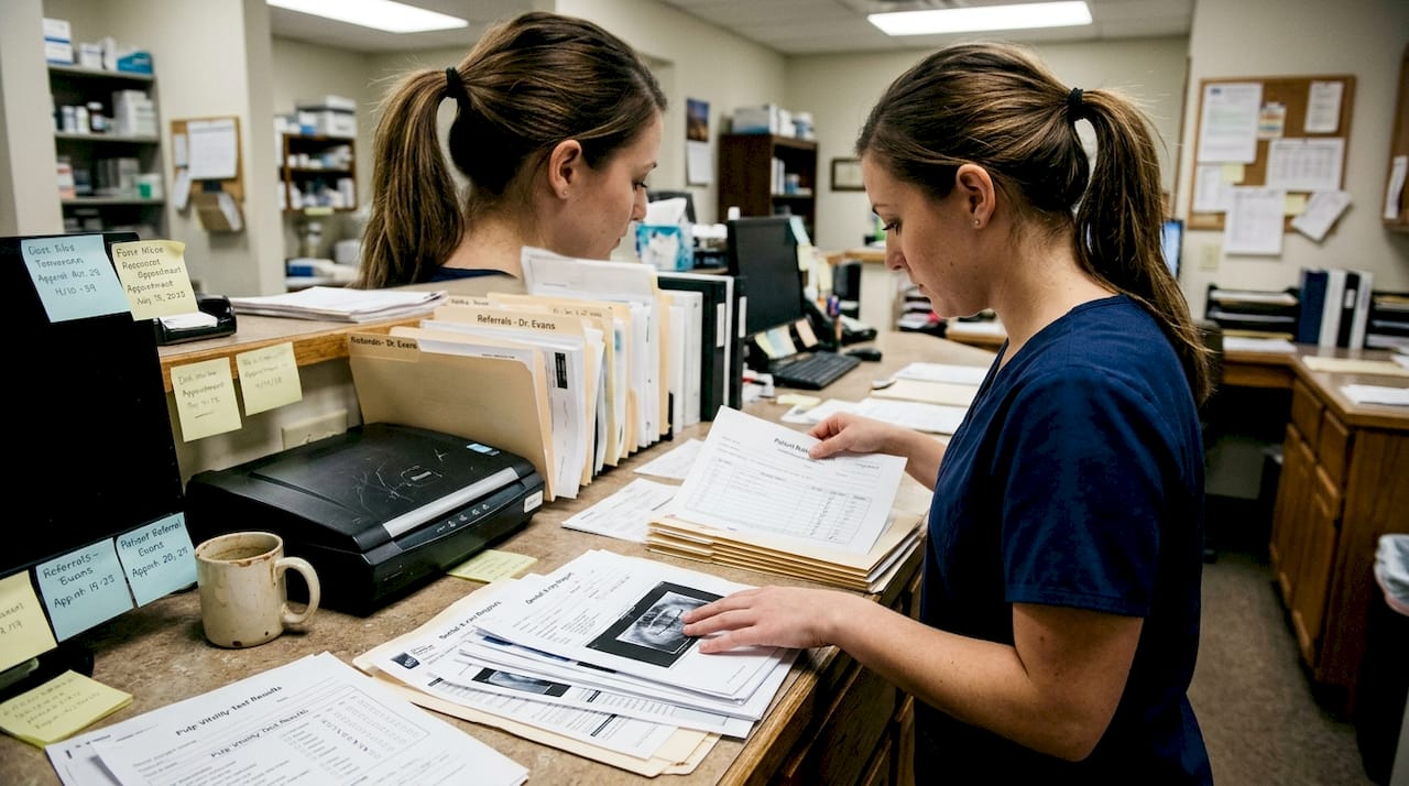 Assistant assembling dental referral documentation