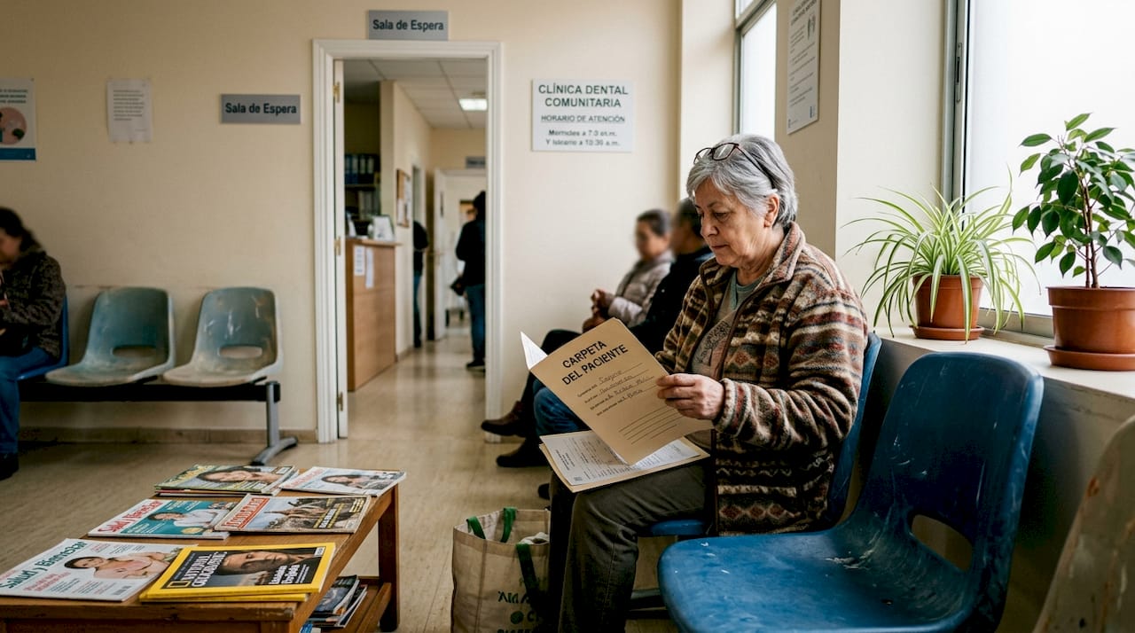 Un paciente aguarda su turno en la sala de espera de una clínica dental pública.