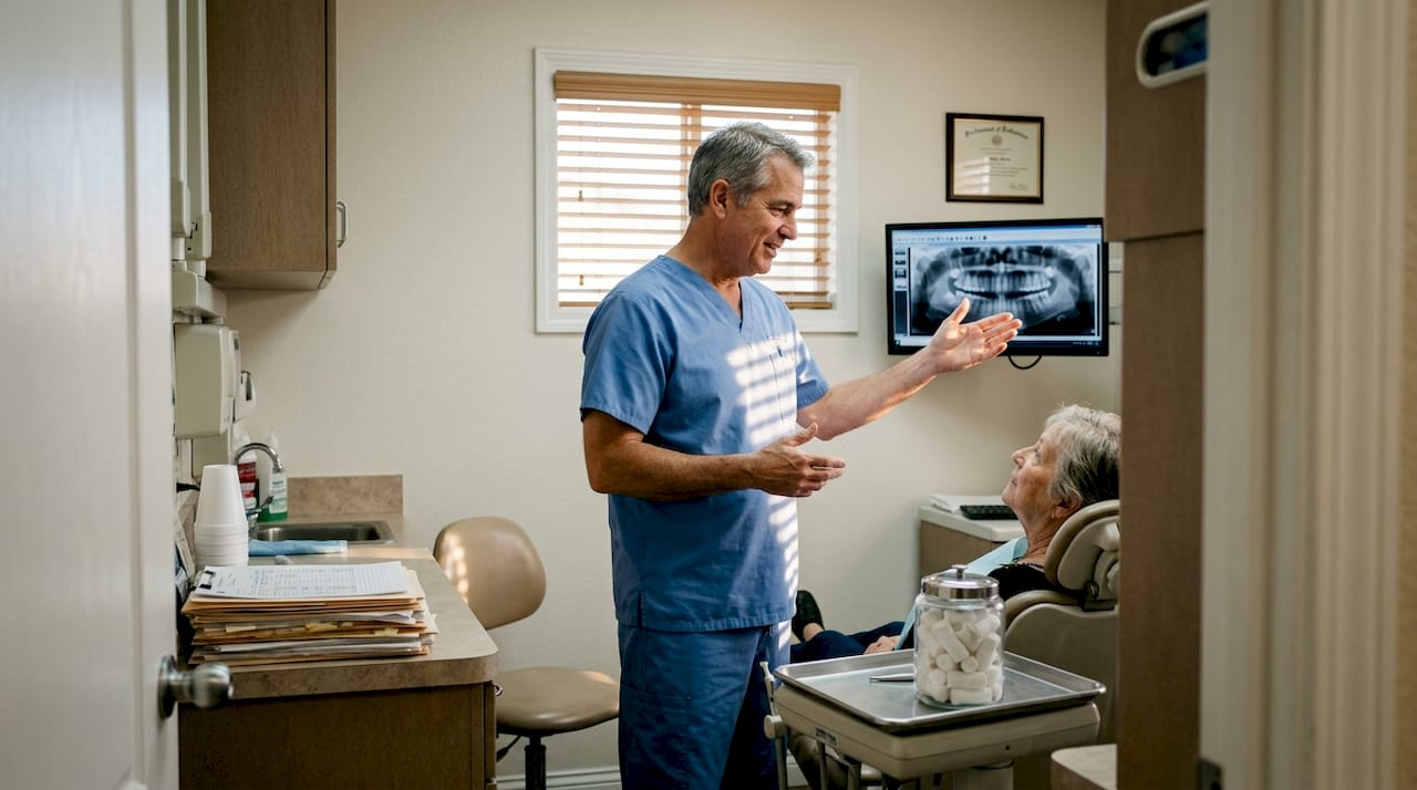 Dentist reviewing X-ray with patient in clinic