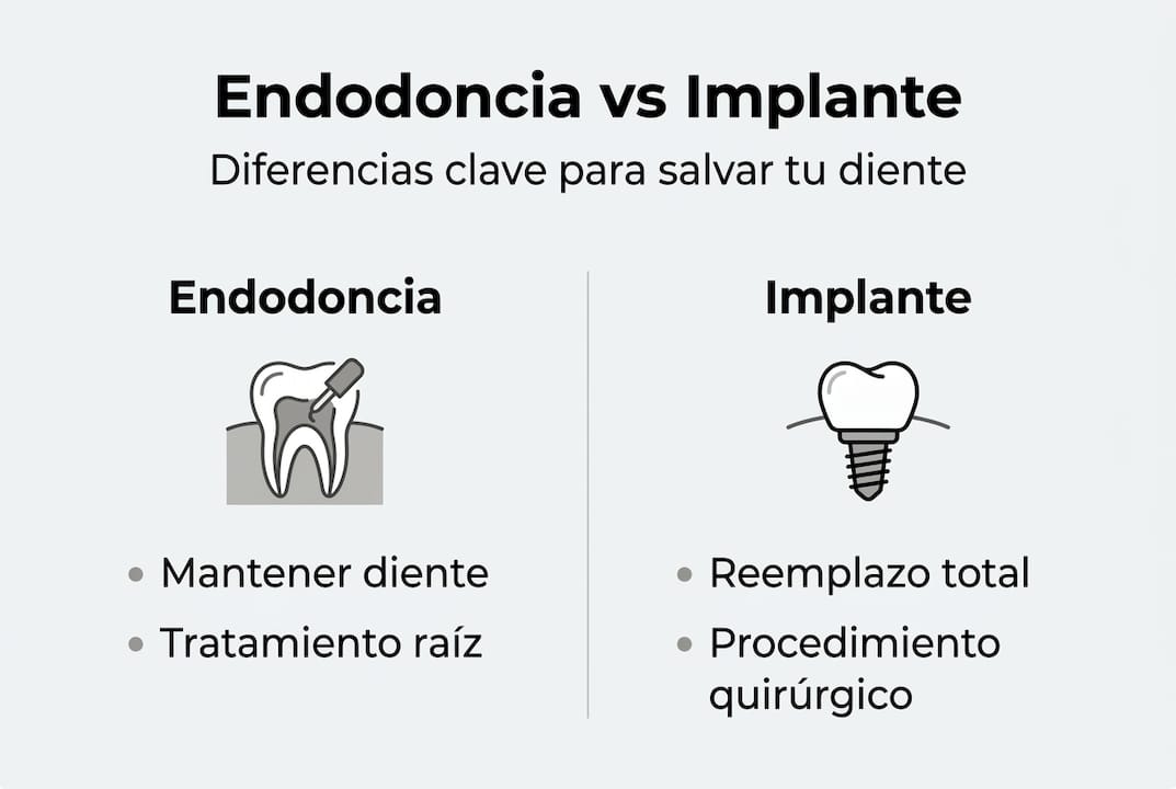Infografía: diferencias clave entre tratamiento de endodoncia y colocación de implantes dentales