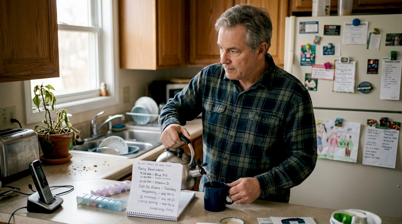 Caregiver preparing tea with notepad reminders in kitchen