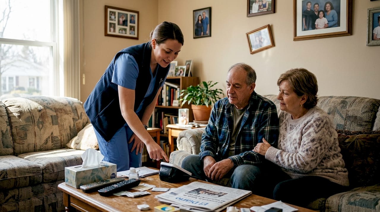 Una enfermera de cuidados paliativos visita a una familia en la sala de estar de su casa.