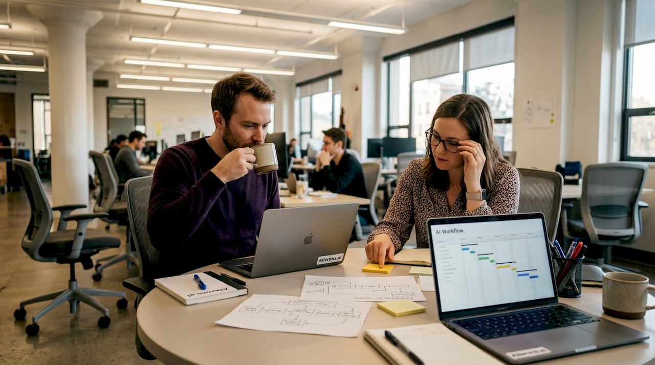 Colleagues collaborate over AI project workflow