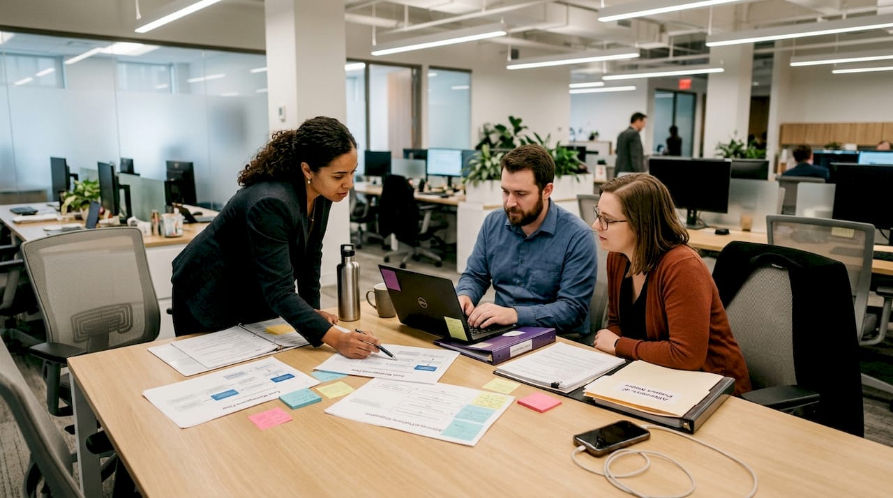 Legal assistants discuss workflow diagrams together