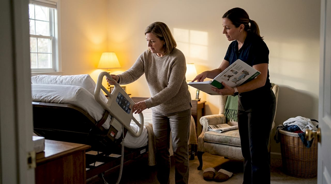 Hospice staff trains caregiver in home bedroom