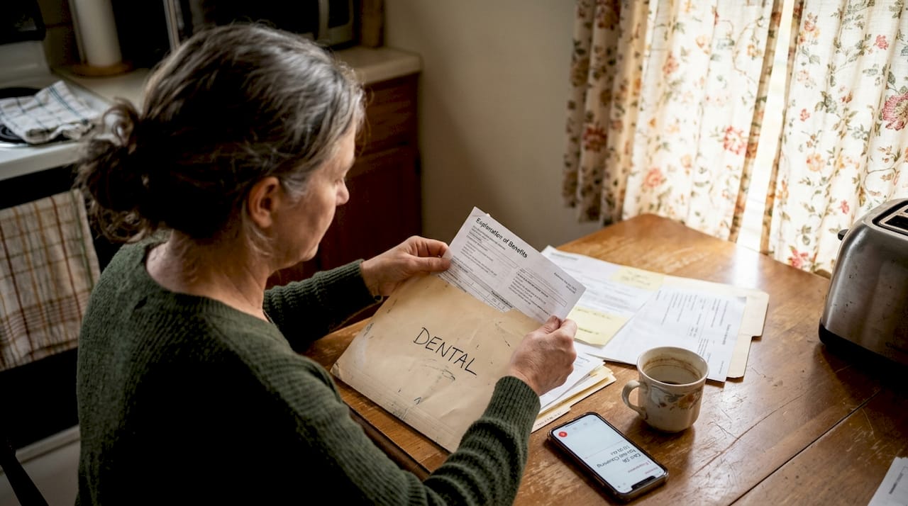 Woman organizing dental paperwork at home kitchen table