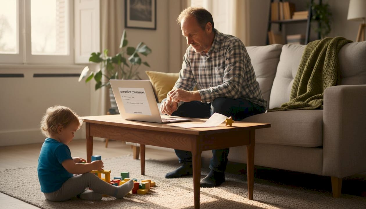 Mientras el padre completa el formulario para la cita con el dentista, el hijo aprovecha para jugar.