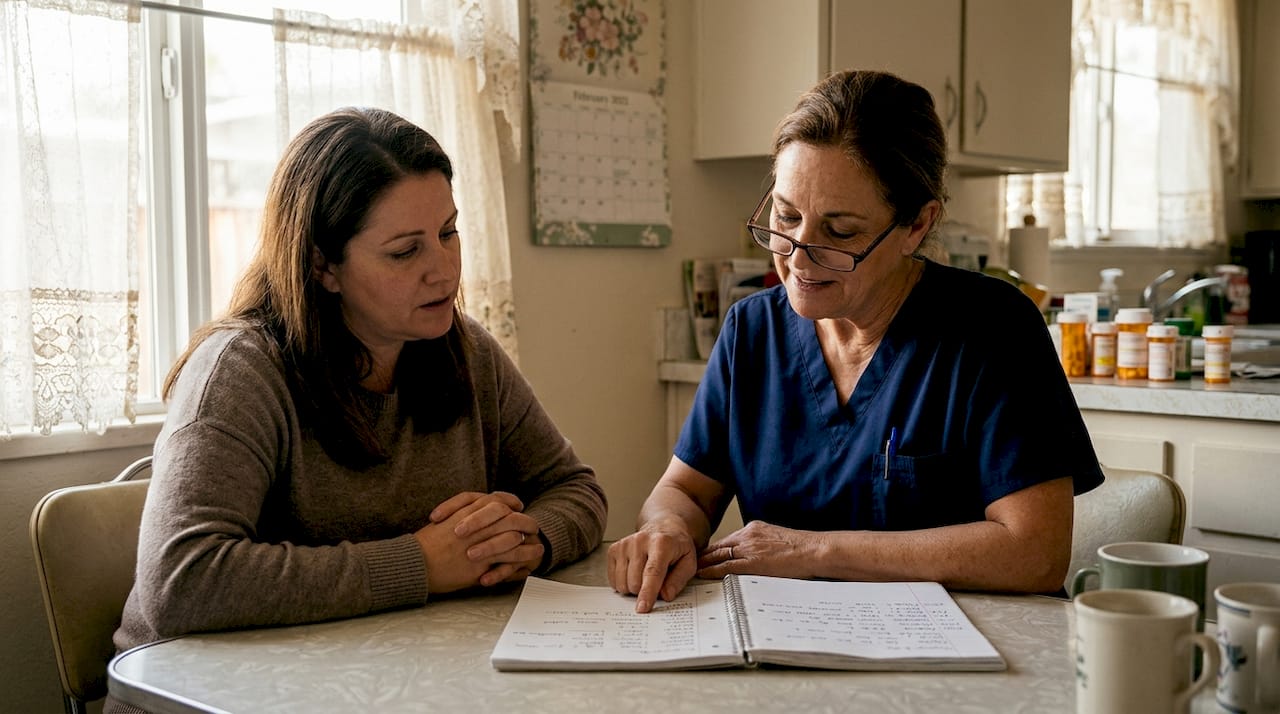 Hospice nurse reviewing symptom log with caregiver