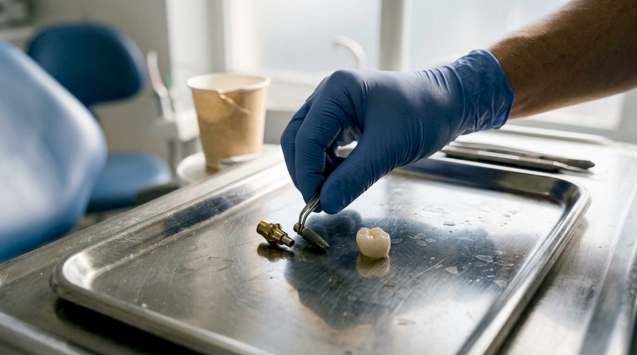 Componentes de implantes dentales organizados sobre una bandeja