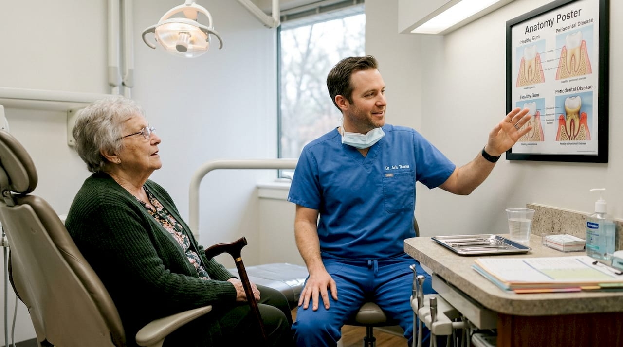 Dentist discussing oral health diagram