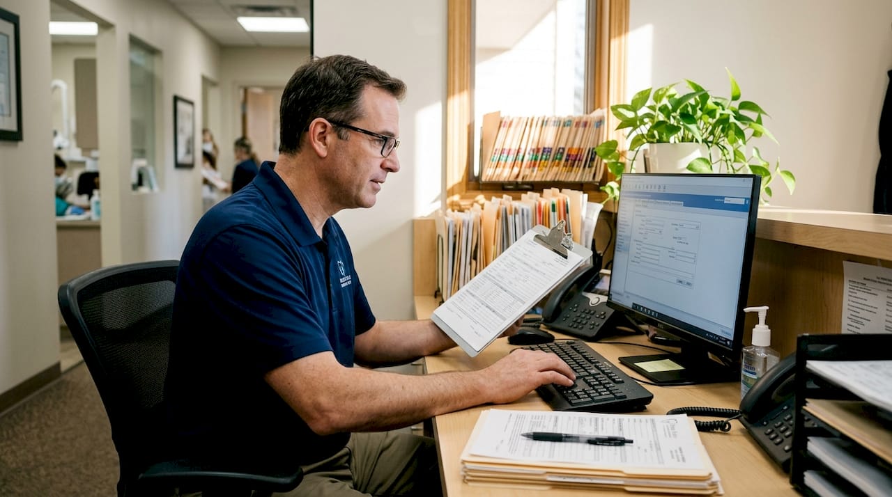 Dental office staff entering payment paperwork
