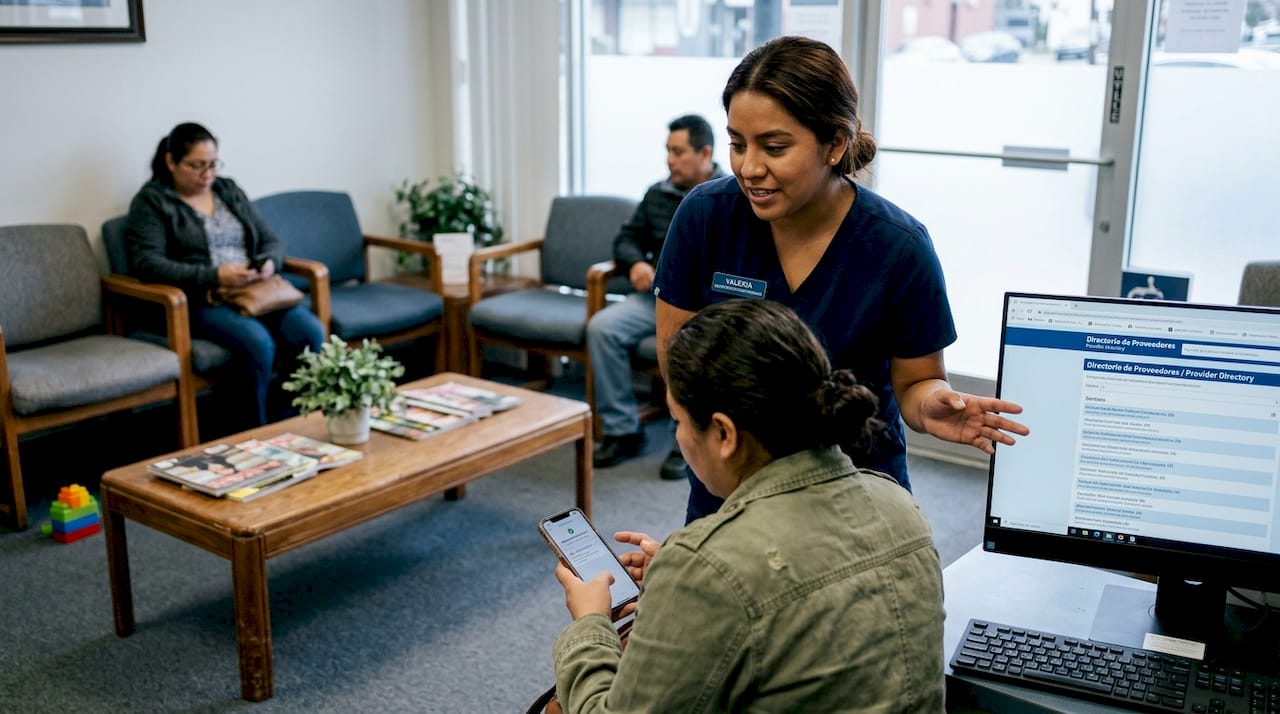 Recepcionista orientando a los pacientes para escoger al odontólogo más adecuado en la clínica