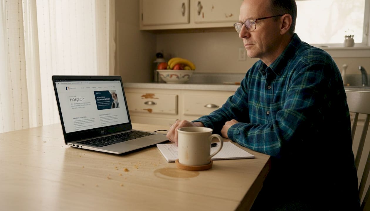 Man researching hospice providers at kitchen table