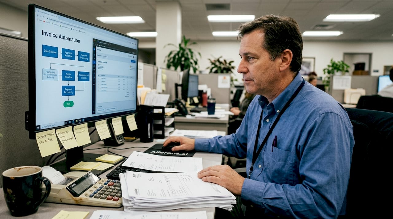 Worker reviewing invoices amid automation tools