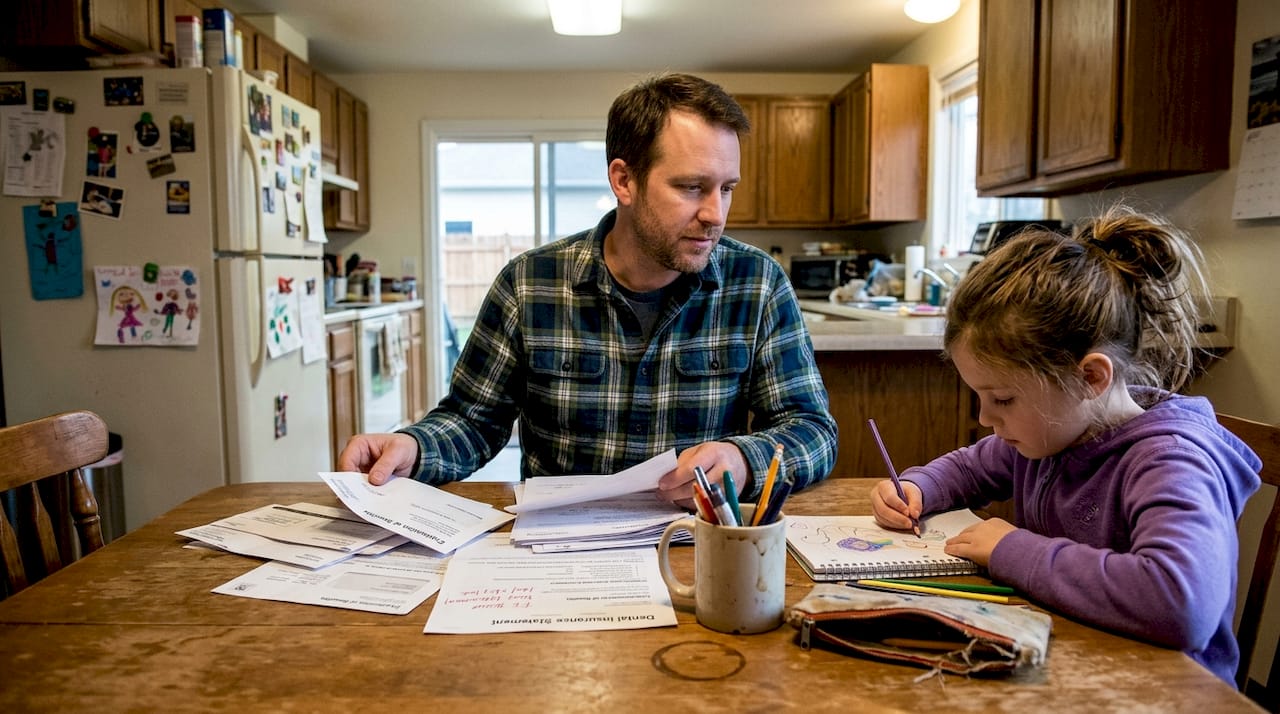 Parent reviewing dental bills at kitchen table