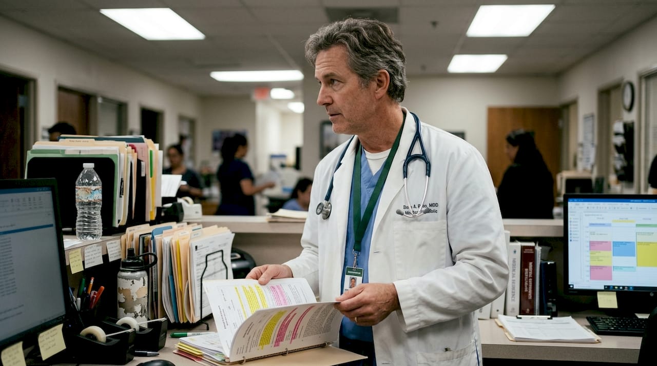 Doctor reviews patient chart at nurse station