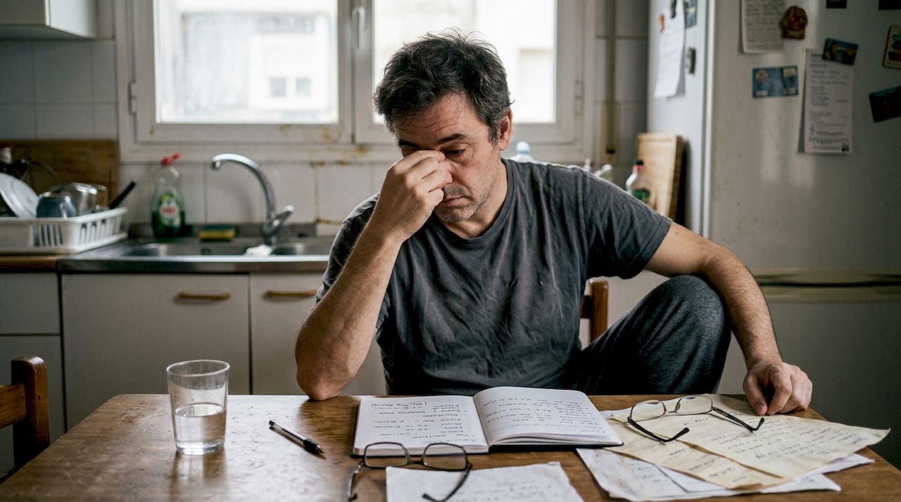 Una persona que cuida de un familiar, visiblemente agotada, repasa las notas pegadas en la nevera de la cocina.