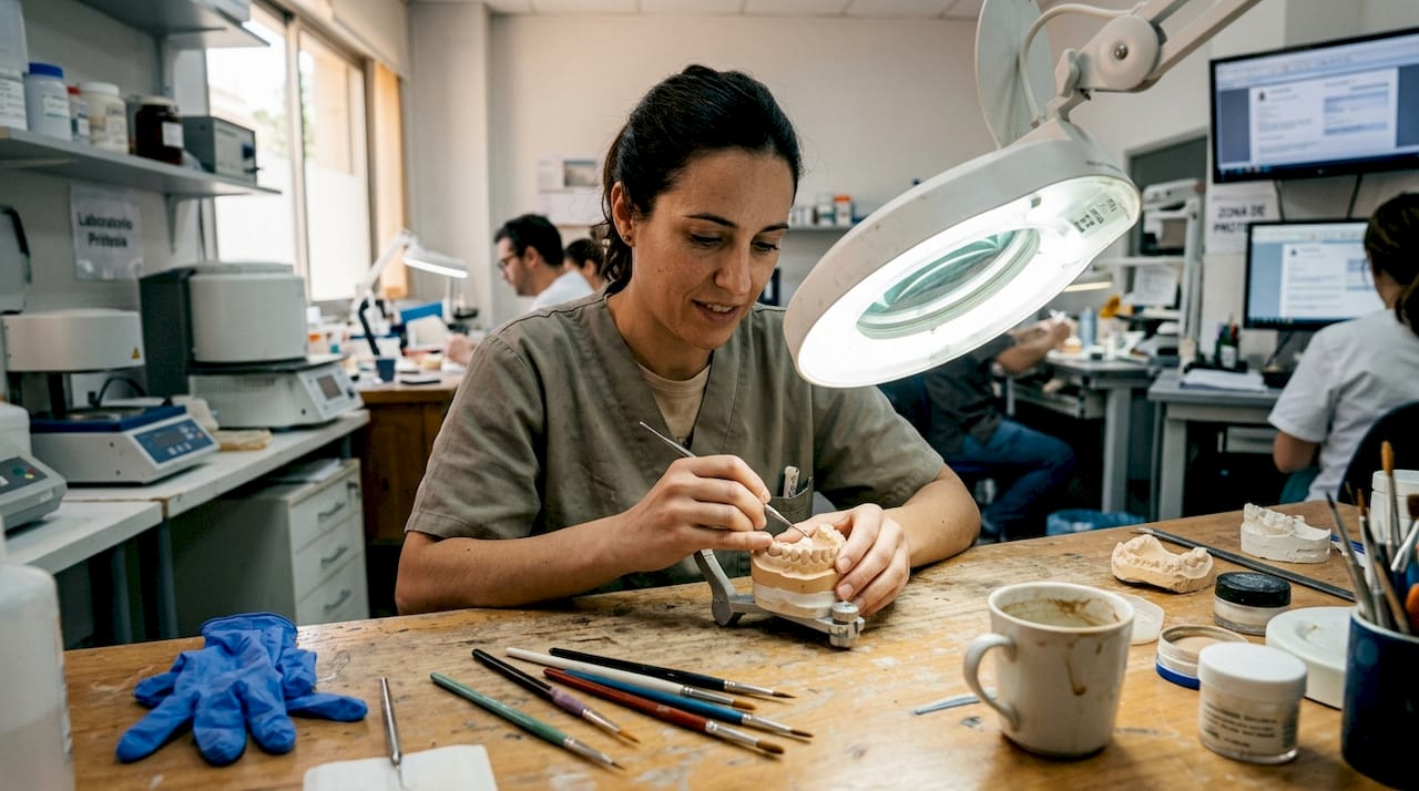 Especialista dental realizando ajustes en una corona de cerámica dentro del laboratorio.
