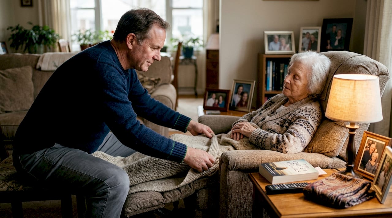 Caregiver providing comfort in living room