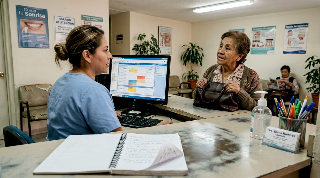 Conversación entre la recepcionista y un paciente en la clínica en español