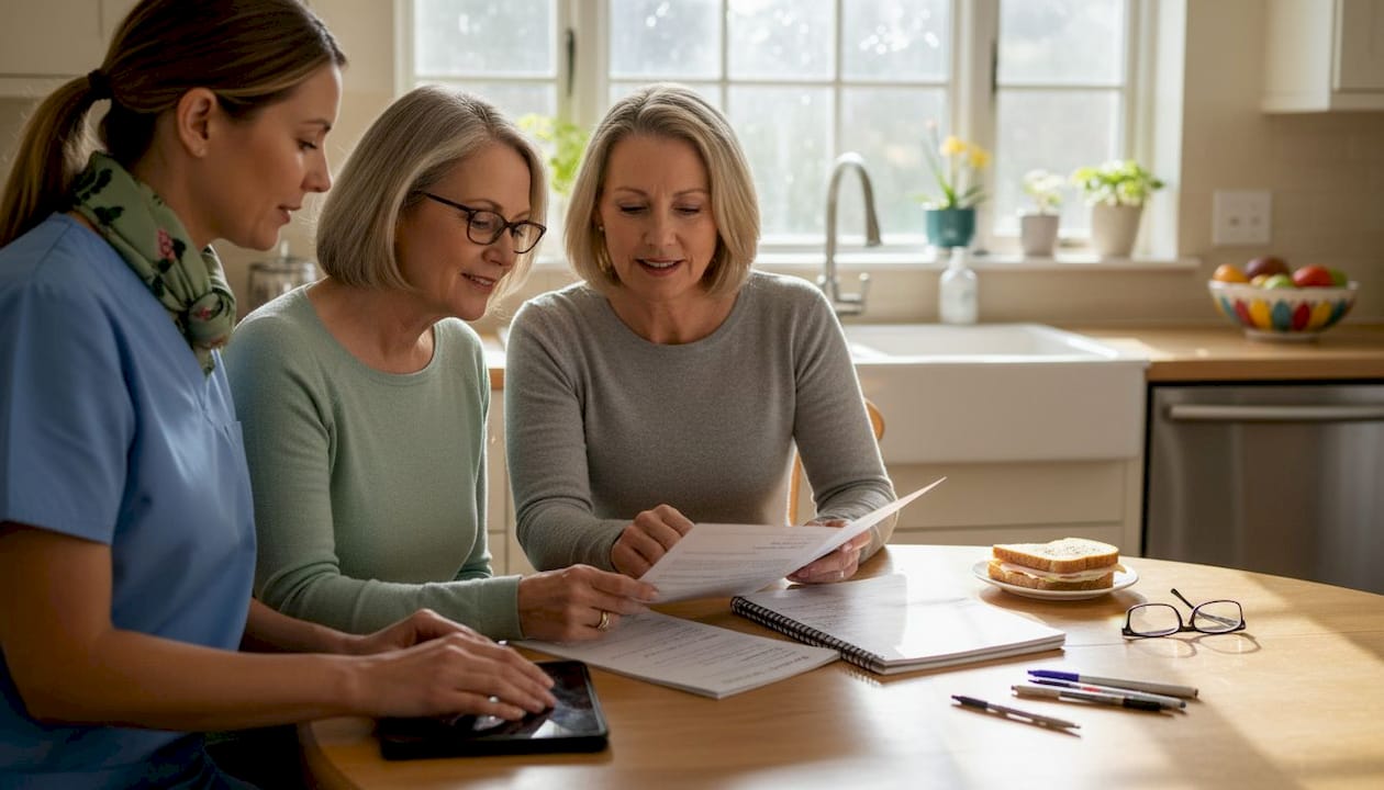 Family talking with hospice nurse at kitchen table