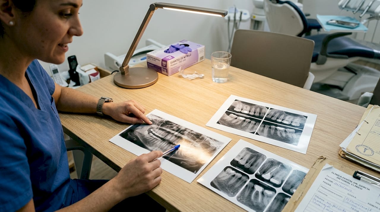 Radiografías dentales colocadas sobre una mesa