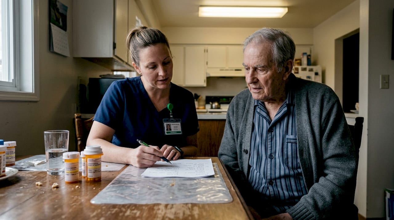 Hospice nurse explains medications to patient