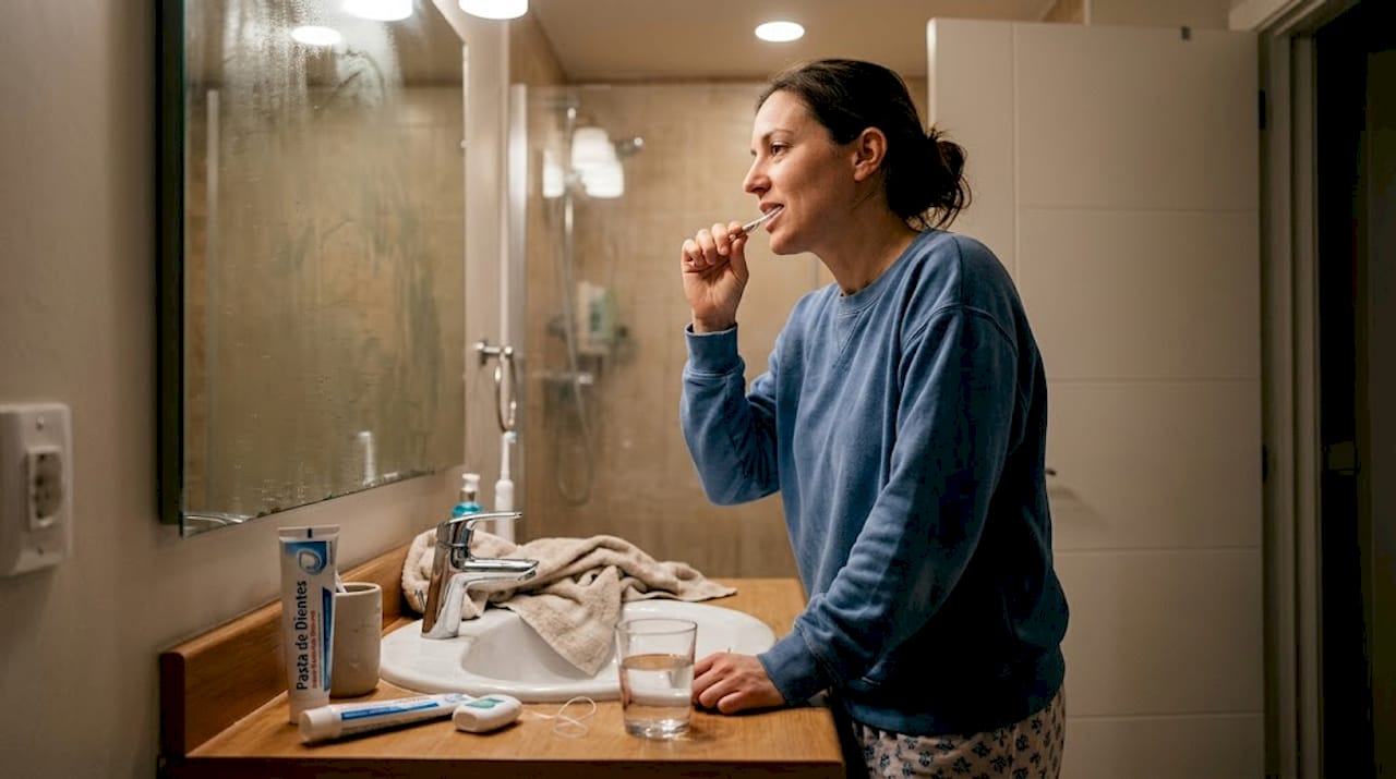 Paciente cuidando su salud bucal en casa después de un tratamiento dental