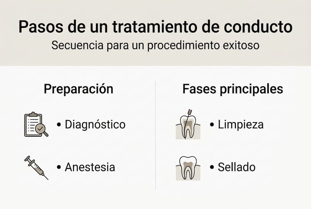 Infografía con los pasos esenciales de un tratamiento de conducto