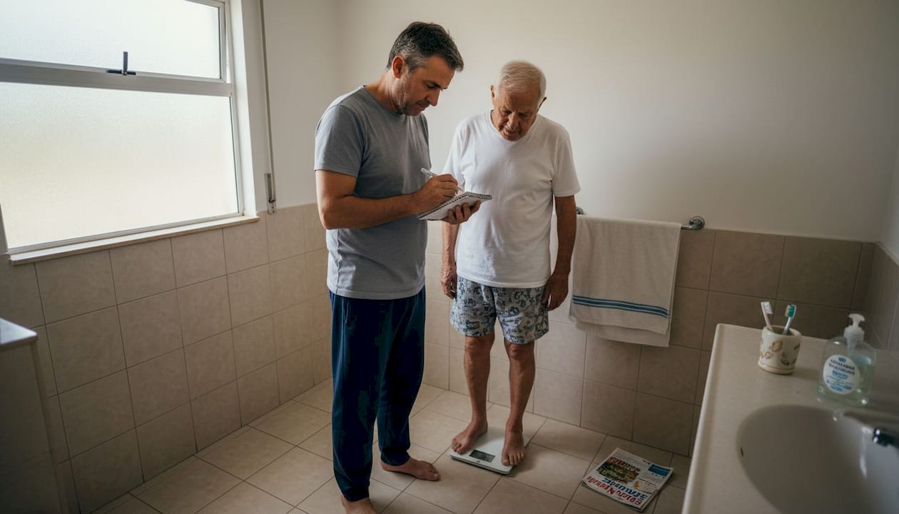 Cuidador anotando el peso de un adulto mayor en casa