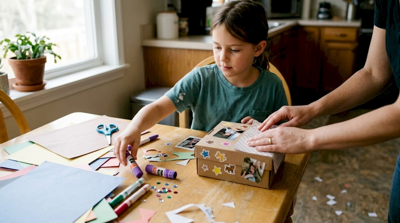 Child and adult making art memory box together